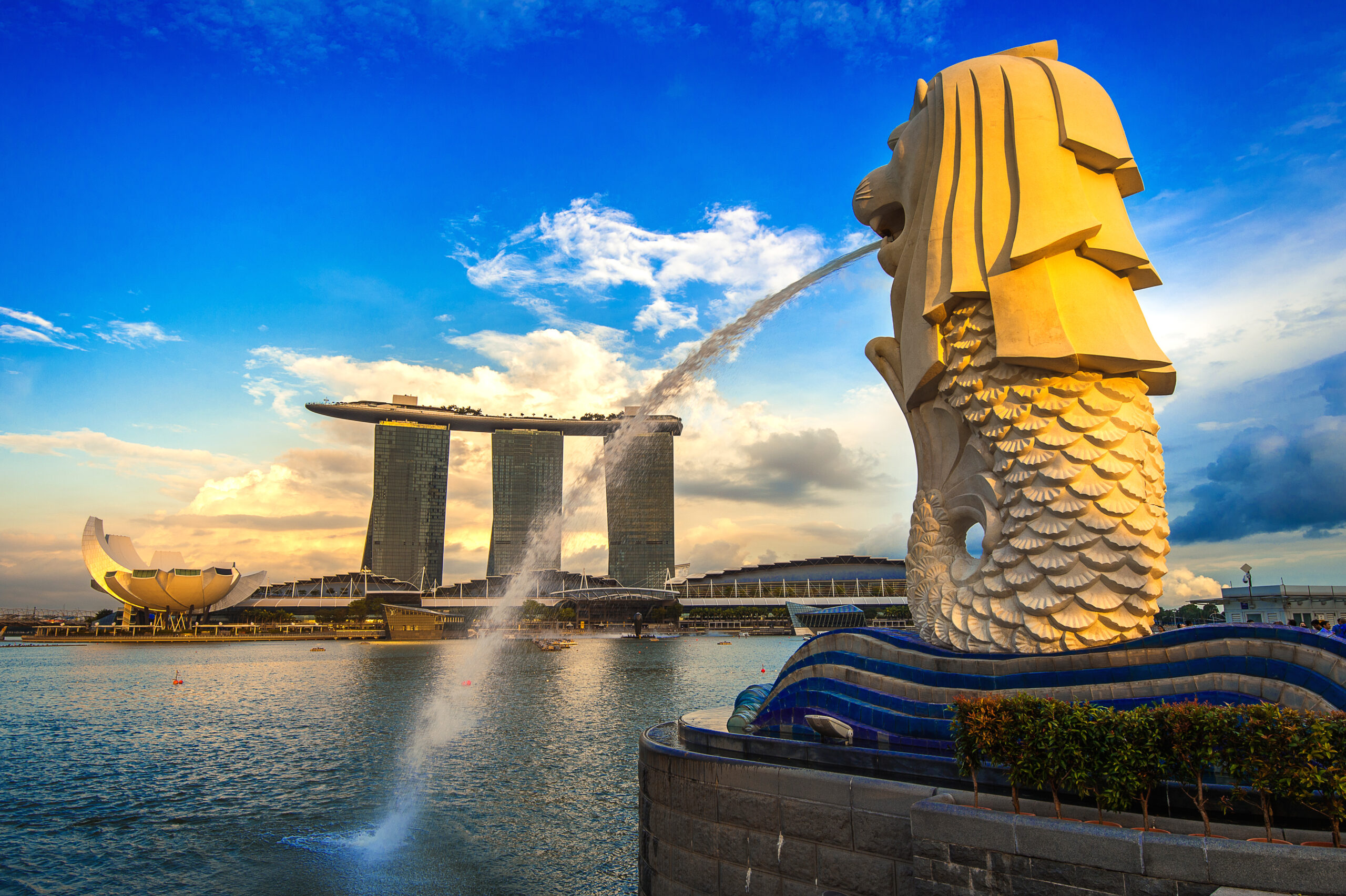 SINGAPORE - AUG 9 ,2017 : Merlion statue and cityscape in Singapore.