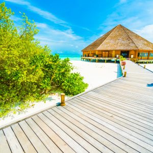 Beautiful tropical beach and sea in maldives island with coconut palm tree and blue sky background