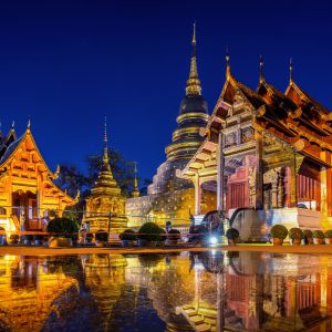 Wat Phra Singh temple at night in Chiang Mai, Thailand.